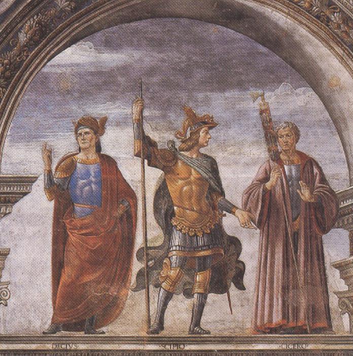 Sandro Botticelli Domenico Ghirlandaio and Assistants,The Roman heroes Decius Mure,Scipio and Cicero (mk36)